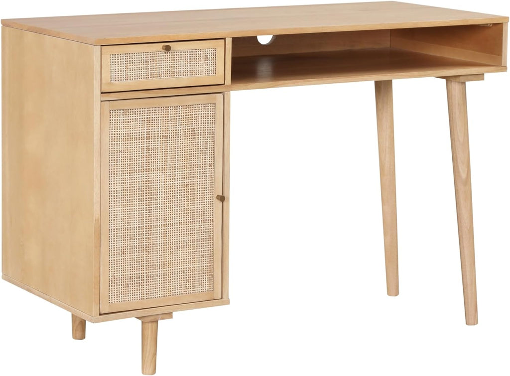 Nathan James Aaron Modern Desk with Storage, Natural Rattan Table with Square Webbing and Gold Accent Knobs, Natural Brown