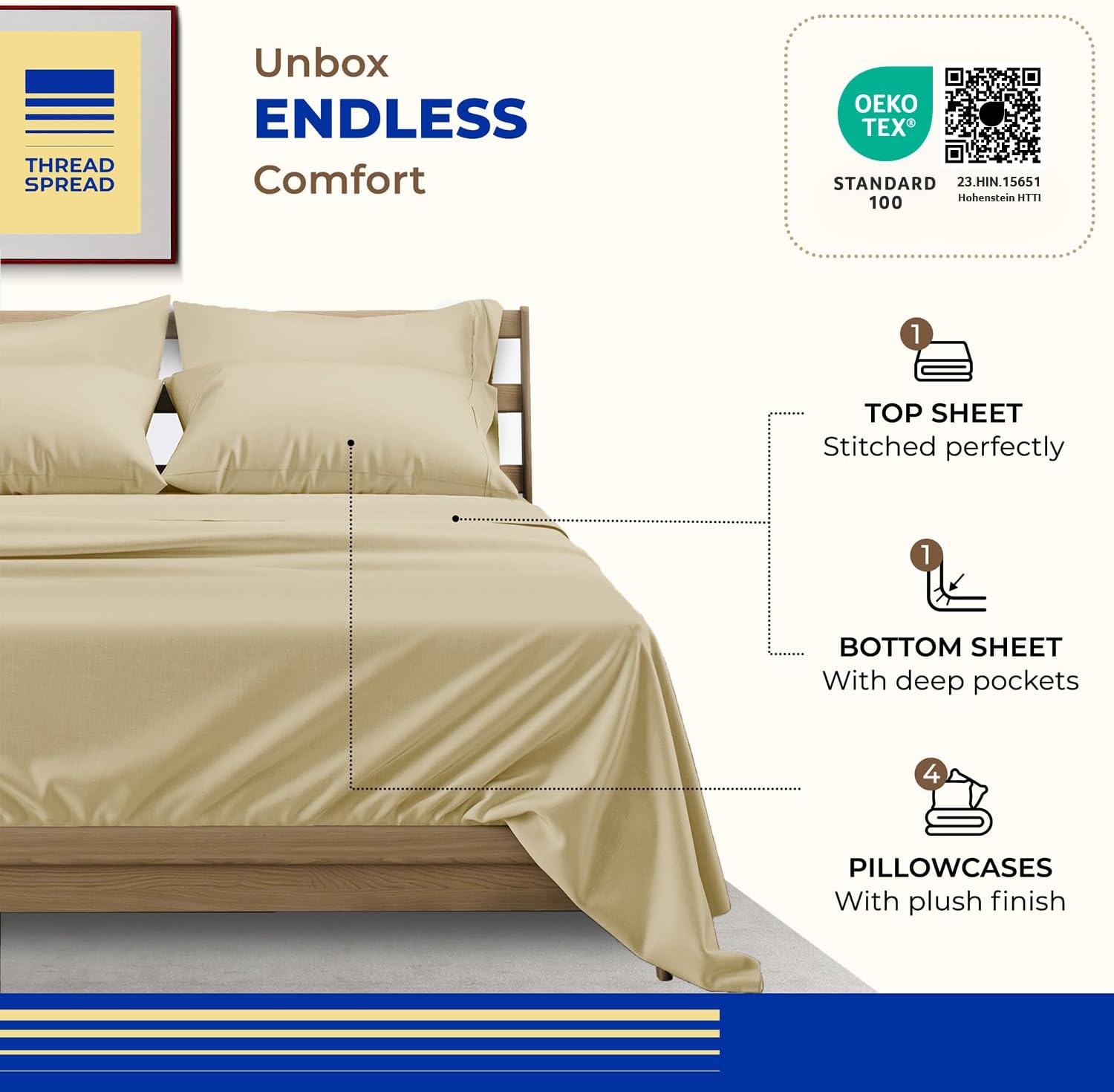 THREAD SPREAD Queen Sheet Set, Luxury 1000 Series Paradise Collection 100% Egyptian Cotton Bed Sheets Queen Size (6 PC, Sand), Silky Soft, Cooling, Sateen Weave, 16' Deep Pocket Hotel Sheet Set