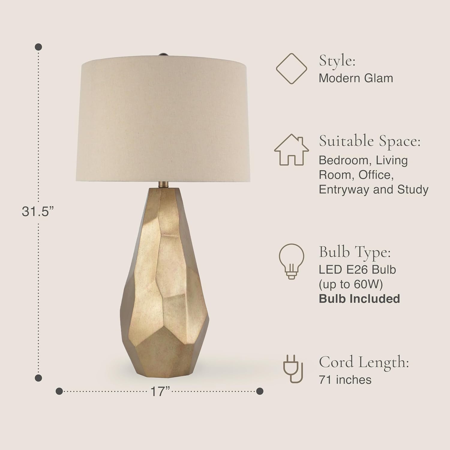 Abani Table Lamp Lia Faceted 31.5' – Modern Glam Gold Resin Base with Wheat Linen Shade – E26 Bulb Included – Elegant Desk Lamp for Bedroom, Living Room Lamp, Dorm or Nightstand
