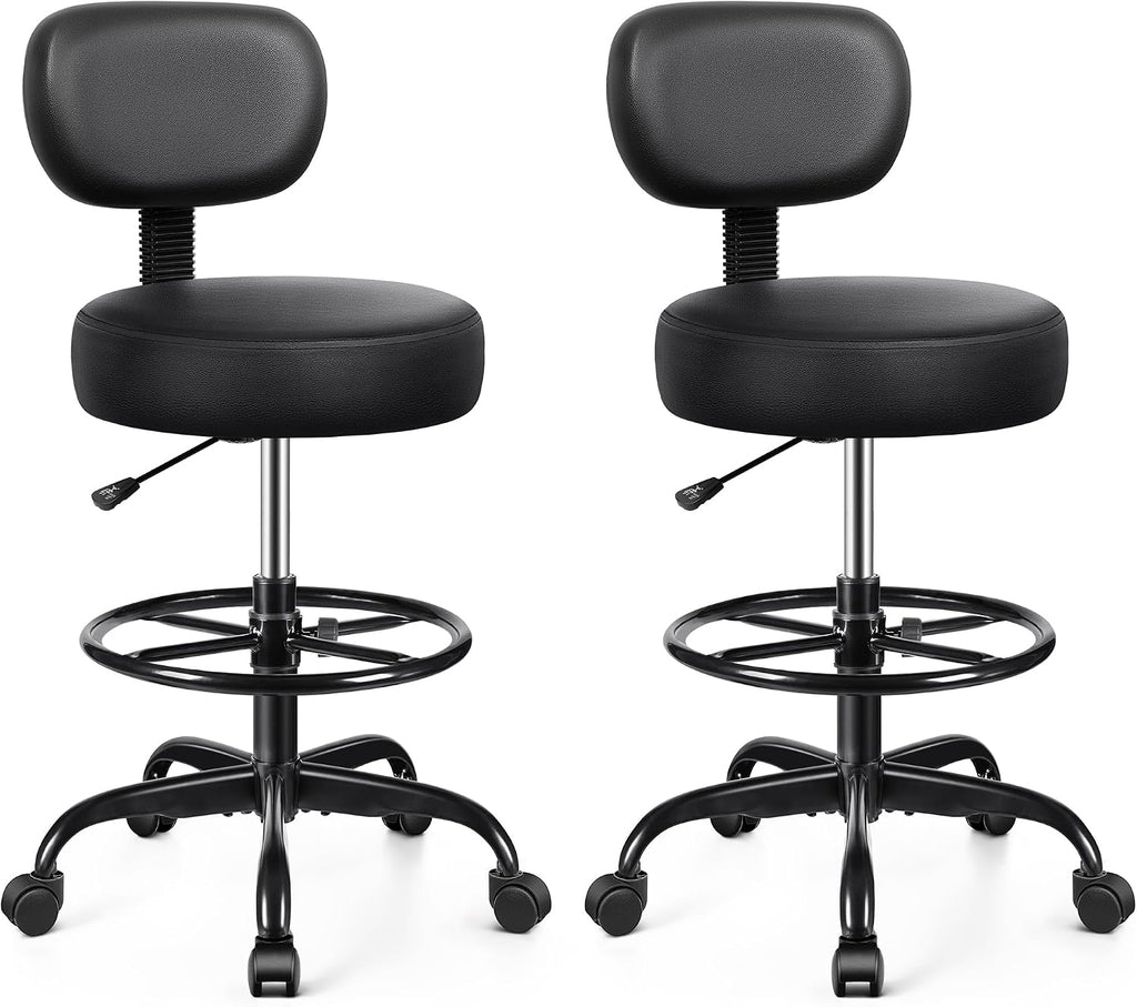 Brick Attic Drafting Chair with Backrest – Adjustable Foot Rest Rolling Stool with Wheels, PU Leather Swivel Stool for Office Spa Studio Lab Counter Salon Home Work Bar Kitchen Shop(Black), Pack of 2