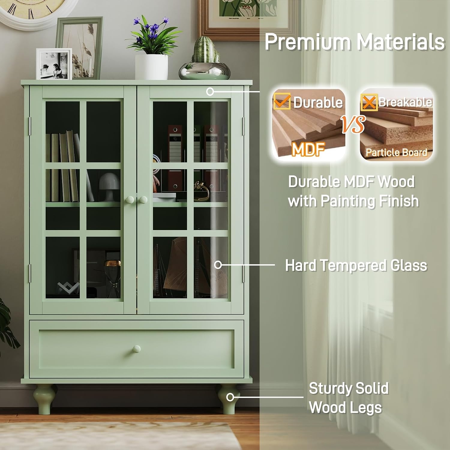 QMIT Display Cabinet with Glass Doors,Buffet Cabinet with Doors and Shelves,Small Green Wooden Storage Sideboard Cupboard for Living Room, Dining Room Hallway Entryway