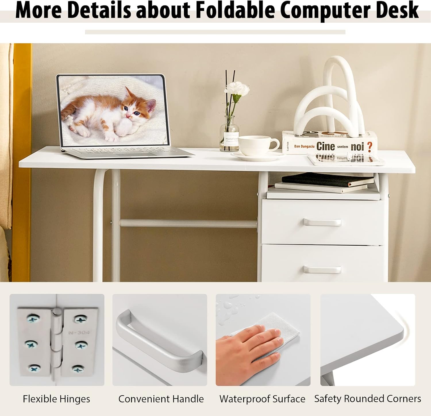 Tangkula White Folding Desk with 3 Drawers, Mobile Home Office Desk Study Writing Desk with Smooth Wheels, Space Saving Compact Table for Dorm Apartment, Rolling Couch Desk Table