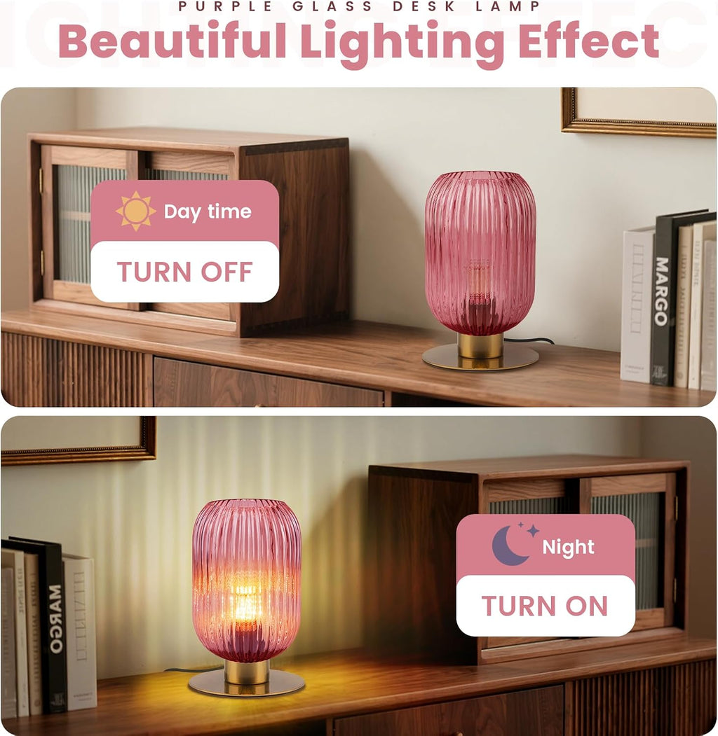 Small Table Lamps Set of 2, Mid Century Glass Desk Lamp Retro Nightstand Lamp with Gold Metal Base, Cute Bedside Lamp Pink Table Lamp for Girls Bedroom Study Room