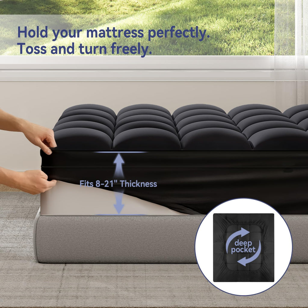 ELEMUSE RV Short Queen Black Mattress Topper for Back Pain, Extra Thick Mattress Pad Cover, Plush Soft Pillowtop with Elastic Deep Pocket, Overfilled Down Alternative Filling