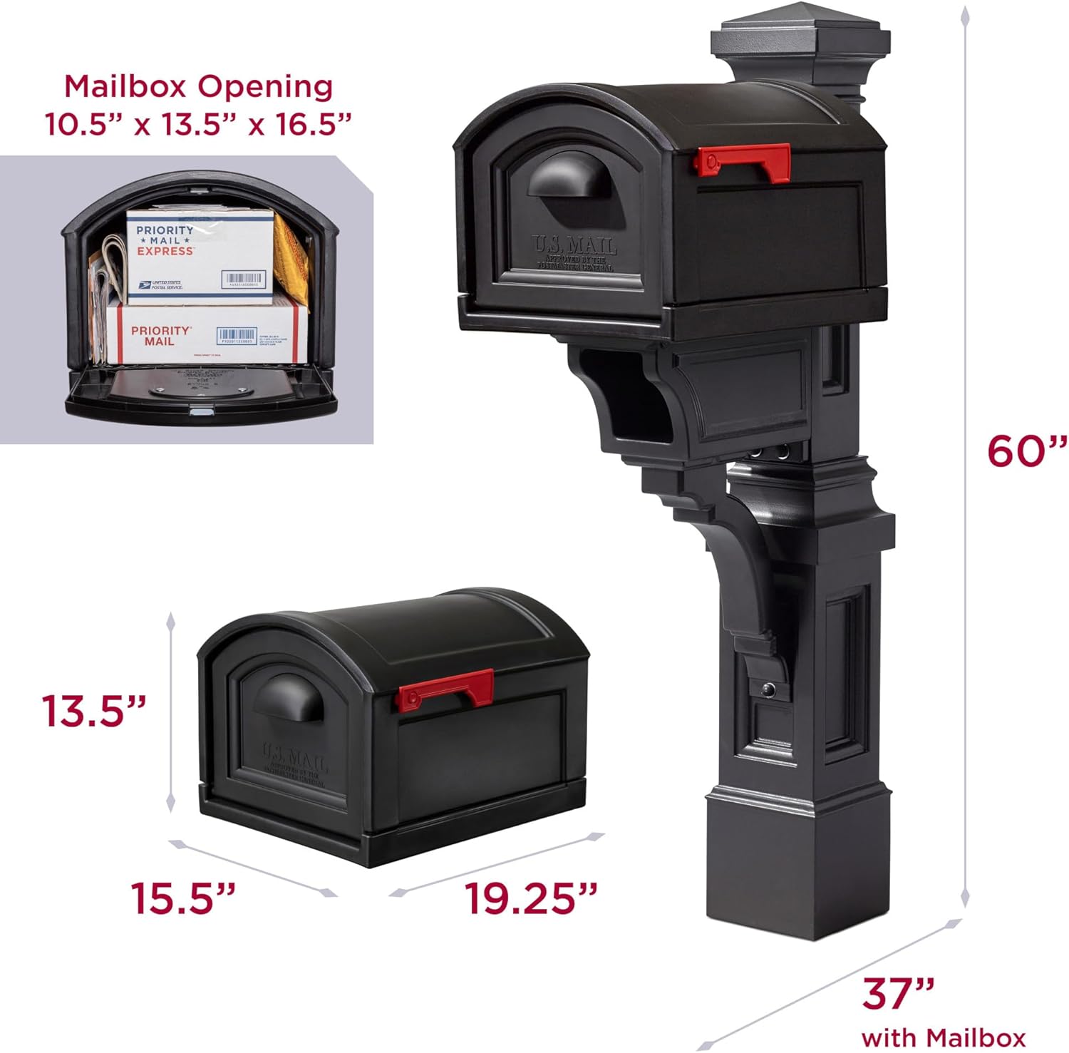 Step2 Atherton Extra Large Mailbox & Post, Weather Resistant, Large Outdoor Mailboxes, Made of Durable Plastic, Easy to Install, Flag Included, Onyx Black