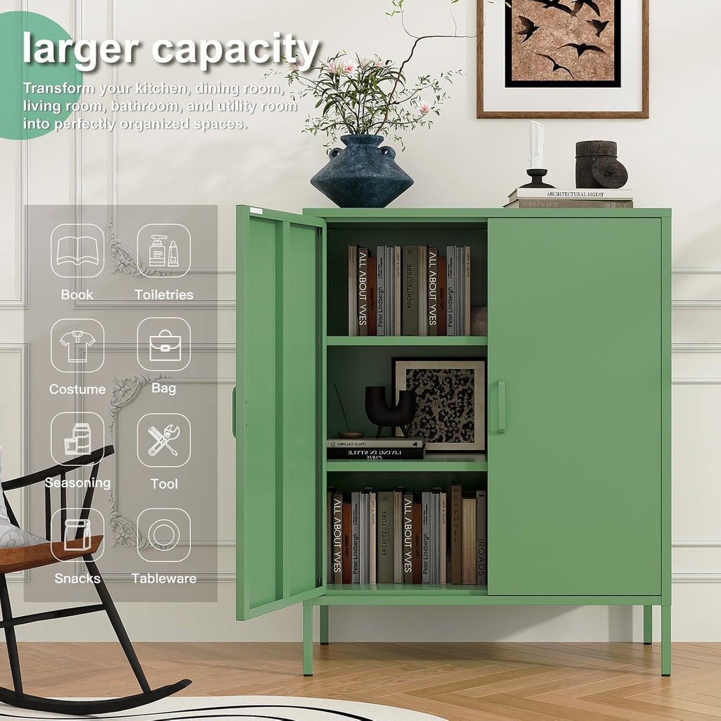 2 Door Metal Locker Storage Cabinet,40' H Green Cabinets for Storage with Doors, Freestanding Small Sideboard Pantry Cabinet for Small Spaces,Hallway,Home Office, Kitchen and Living Room