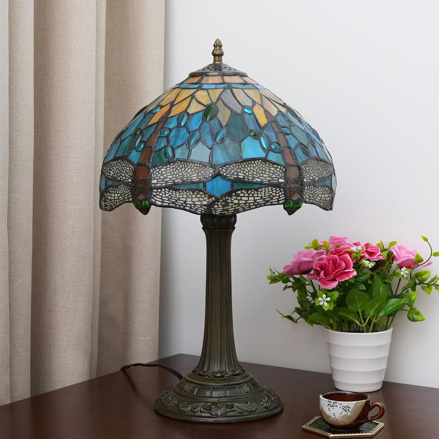 Tiffany Lamp Green Dragonfly Style Stained Glass Lamps Teal Bedroom Bedside Table Lamp for Dorm Office Art Craft Antique Decor Accent Aesthetic Nightstand Retro Metal Reading Lamps 12 inch
