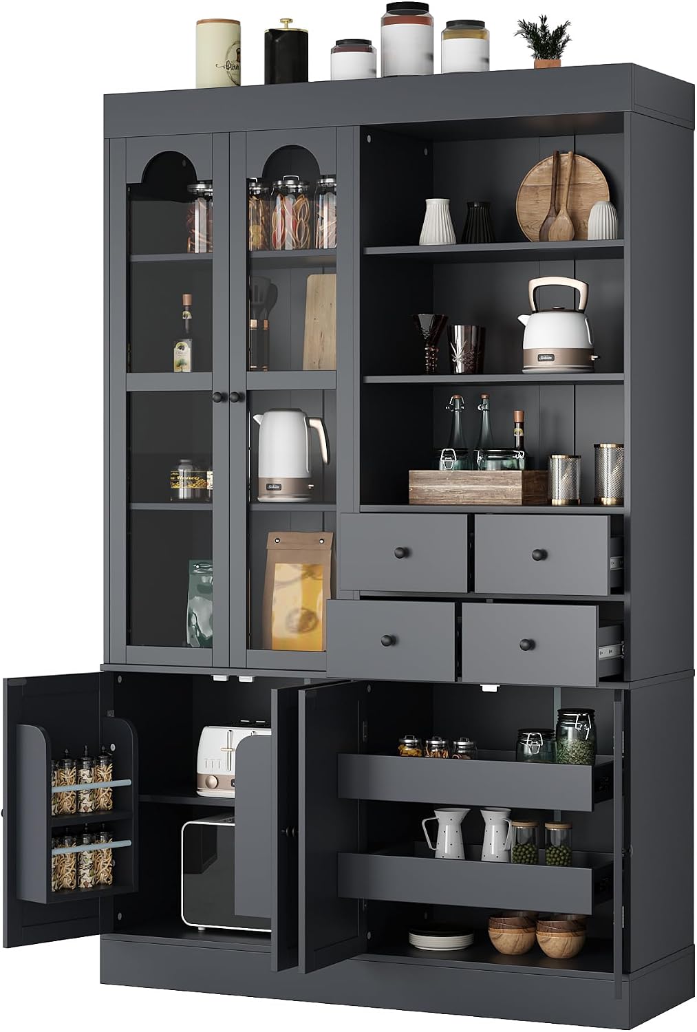 Modern 75inch Tall Kitchen Pantry Storage Cabinet with 4 Drawers, Freestanding Buffet Cabinet with Door Shelves and Pull-Out Trays for Dining Room, Living Room (Gray/32r)