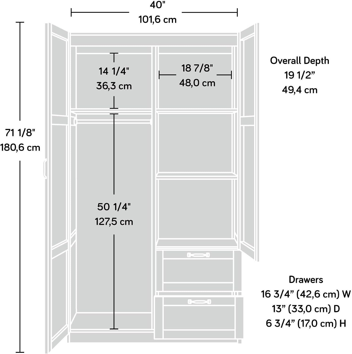 Sauder Select Multipurpose Bedroom Armoire Wardrobe Closet Pantry Storage Cabinet with Storage Drawers and Hanging Rail, in Soft White finish