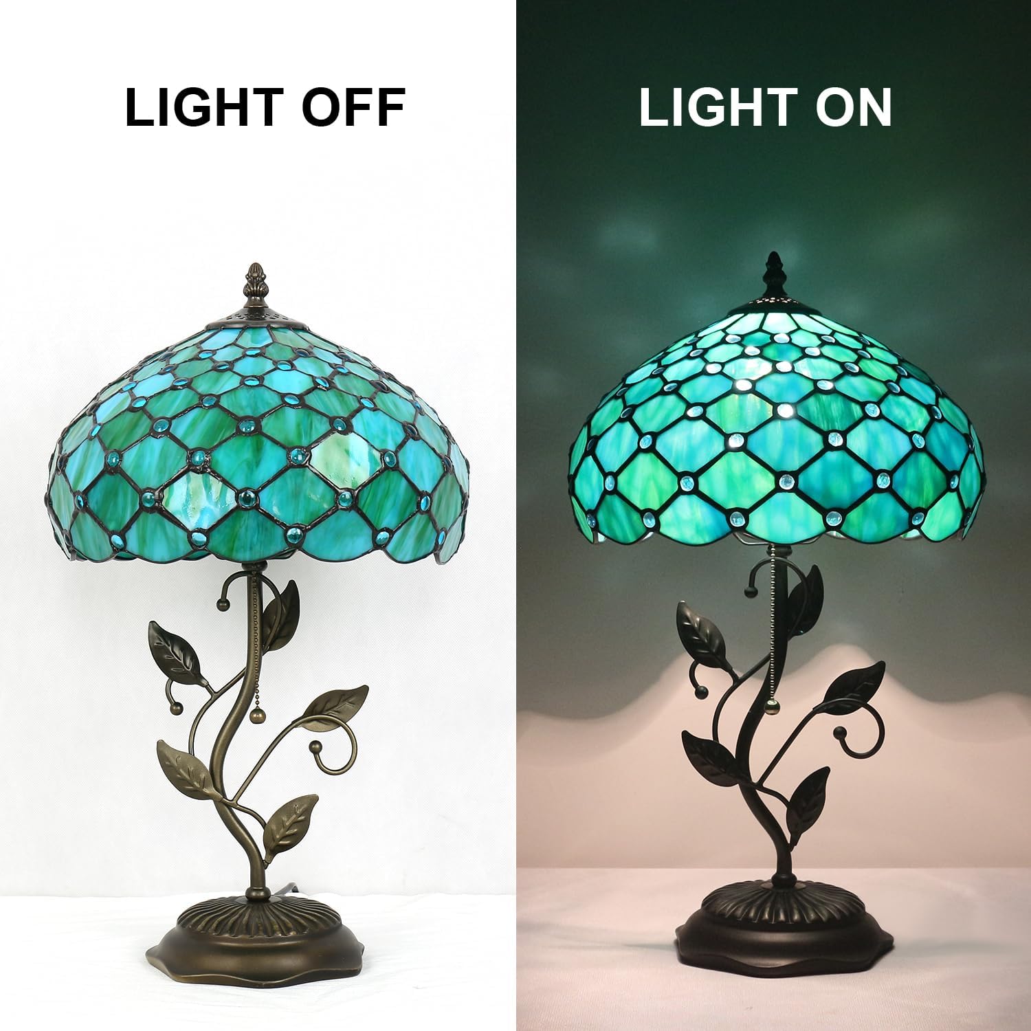 Tiffany Stained Glass Table Lamp, Sea Blue Pearl Style with Metal Leaf Base, 12x12x19 Inch Decor Lamp for Bedroom, Living Room, Home, Office