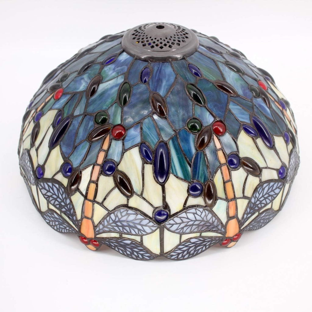 WERFACTORY Tiffany Table Lamp Sea Blue Yellow Stained Glass Dragonfly Mather-Daughter Vase Table Lamp 16X16X24 Inches Desk Light Decor Bedroom Living Room Home Office S128 Series