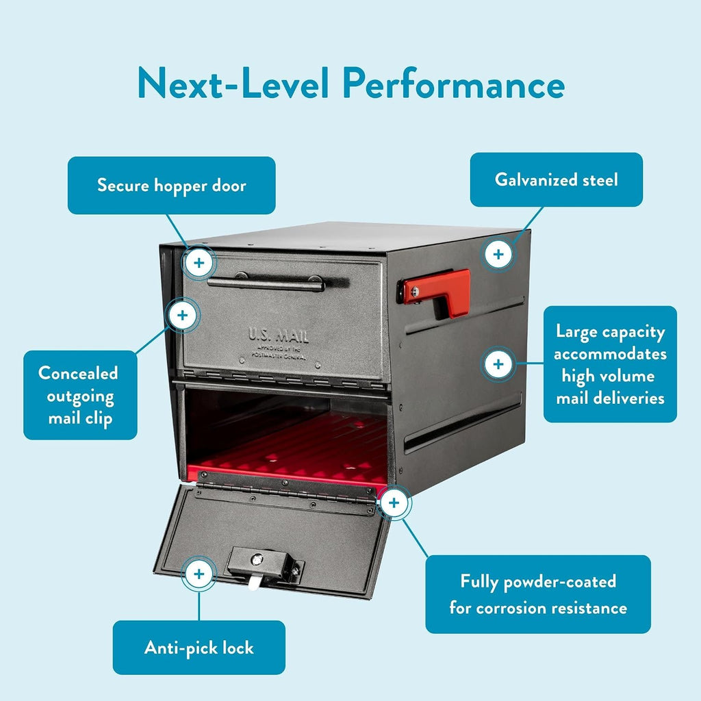 Architectural Mailboxes Oasis® Eclipse™ Secure, Locking USPS Approved Heavy Duty, Anti-Fish Steel Metal Post Mounted Mail Box for Outside, Pewter, Large Curbside Mailbox with Magnetic Latch