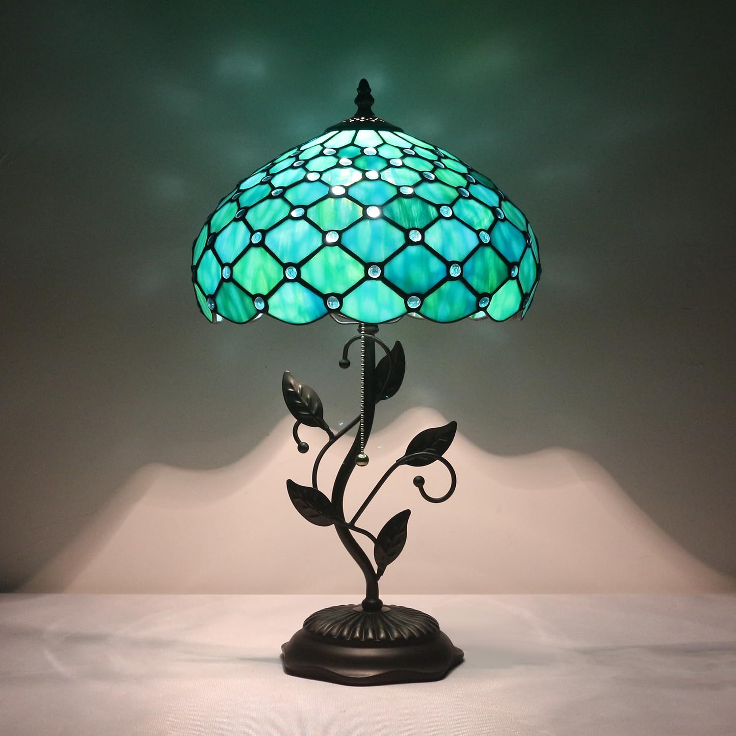 Tiffany Stained Glass Table Lamp, Sea Blue Pearl Style with Metal Leaf Base, 12x12x19 Inch Decor Lamp for Bedroom, Living Room, Home, Office