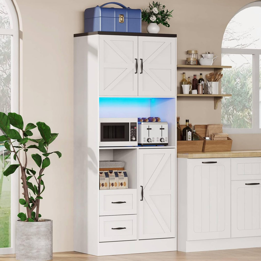 Bigbiglife Farmhouse Kitchen Pantry Cabinet with LED Lights and Power Strip, Tall Kitchen Storage Cabinet, Kitchen Hutch with Microwave Stand & Barn Doors and Drawers for Dining Room (White)