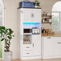 Bigbiglife Farmhouse Kitchen Pantry Cabinet with LED Lights and Power Strip, Tall Kitchen Storage Cabinet, Kitchen Hutch with Microwave Stand & Barn Doors and Drawers for Dining Room (White)
