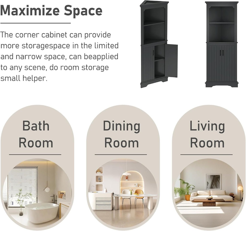 Bellemave Triangle Corner Storage Cabinet, 69.4'' H Tall Bathroom/Kitchen Cabinet with Doors & Shelves, Space-Saving Furniture for Small Spaces (Black)