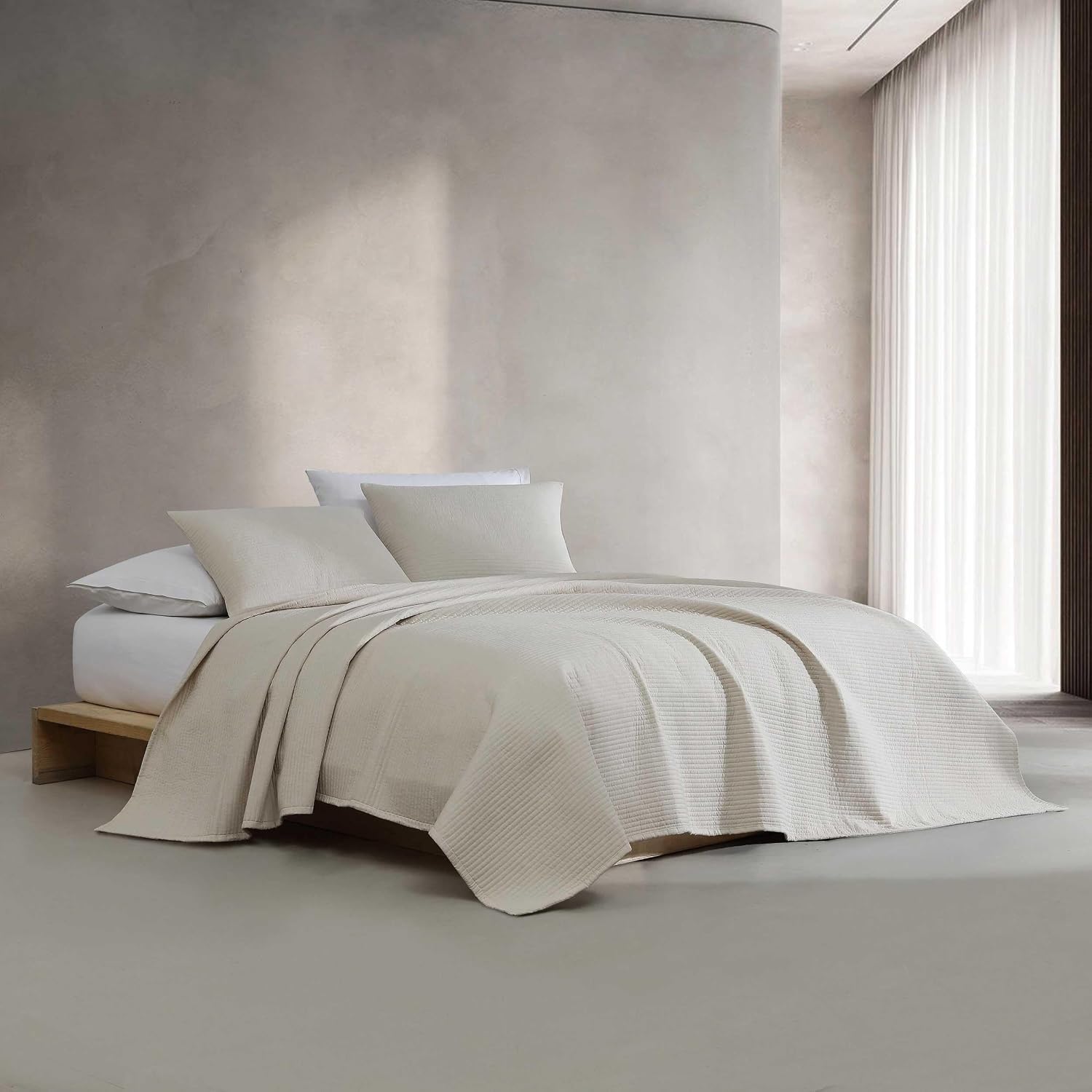 Calvin Klein - Queen Quilt Set, Luxuriously Soft Channel Stitch Bedding with Matching Shams (Mini Channel Stitch Solid Beige, Queen)