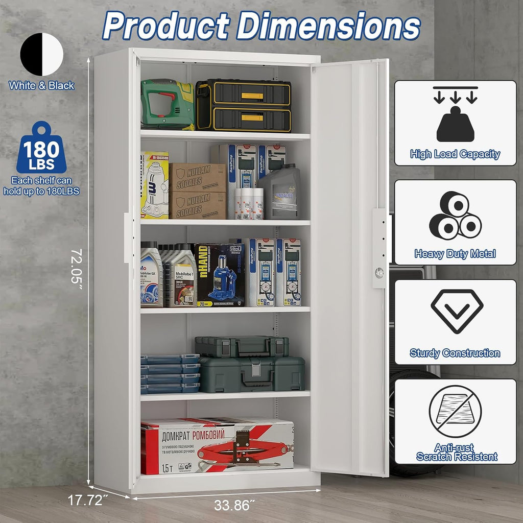 72' H Metal Garage Storage Cabinet with 2 Doors and 4 Shelves, White Steel Locking File Cabinet, Metal Storage Cabinets for Office, Home, Garage, Gym, School