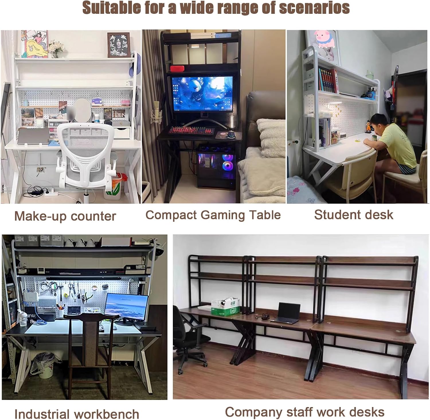 47in Computer Desk with Pegboard，Gaming Desk with Bookshelf Combo, Large Writing Table with Desktop Shelves, Ample Leg Room, for Home Office (White, 47in)