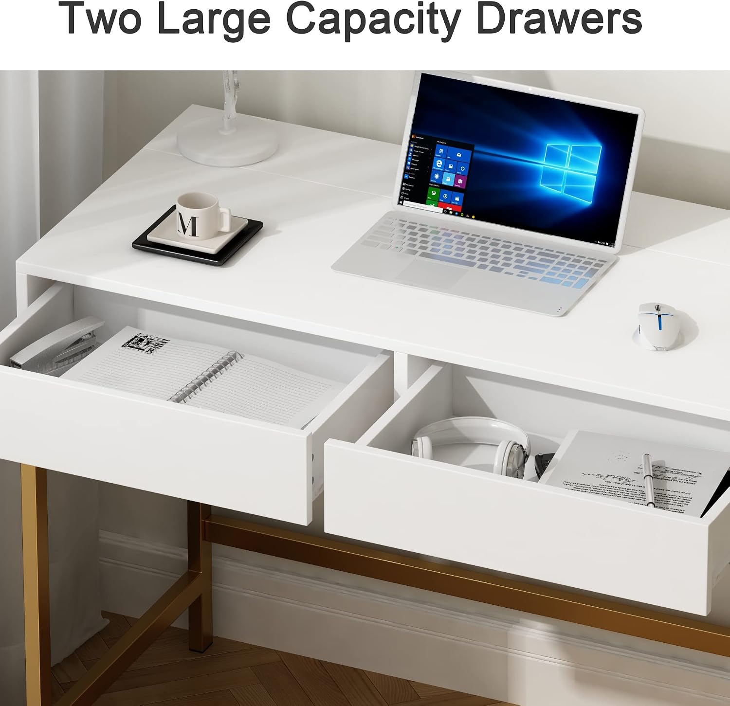 Treocho Computer Desk with USB Charging Ports and Power Outlets, Modern Simple 47 inch Vanity Desk with 2 Drawers, Makeup Table for Home Office, Bedroom, White and Gold