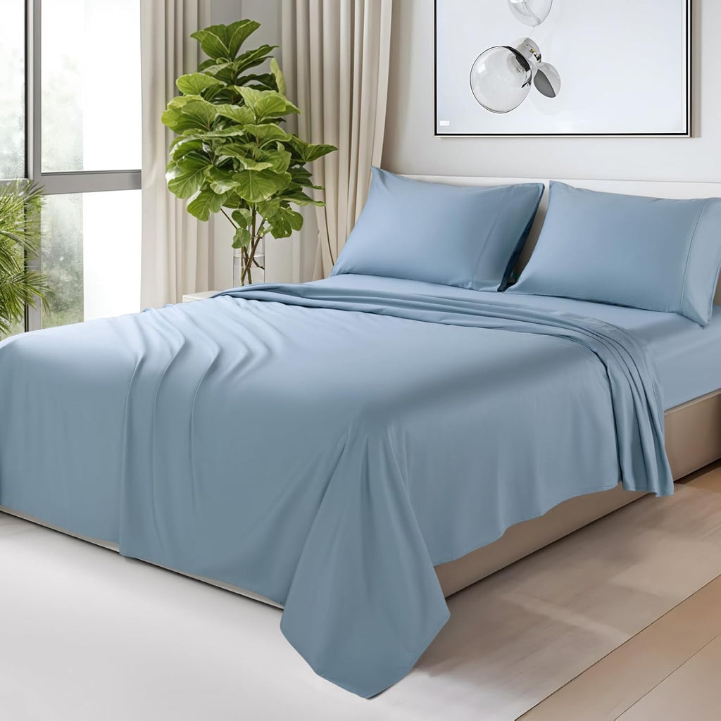 SONORO KATE 100% Egyptian Cotton Sheets - 1200 Thread Count, Luxury & Cooling Hotel Cotton Bed Sheets Set 4 Piece, Sateen Weave for Soft Feel, Fits Upto 16' Mattress (French Blue, Queen)