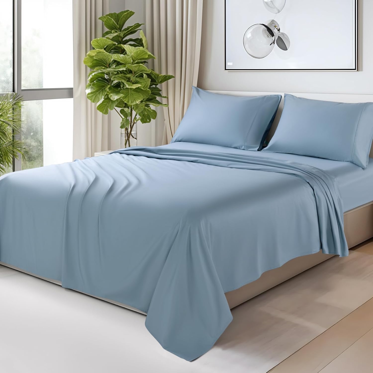 SONORO KATE 100% Egyptian Cotton Sheets - 1200 Thread Count, Luxury & Cooling Hotel Cotton Bed Sheets Set 4 Piece, Sateen Weave for Soft Feel, Fits Upto 16' Mattress (French Blue, Queen)