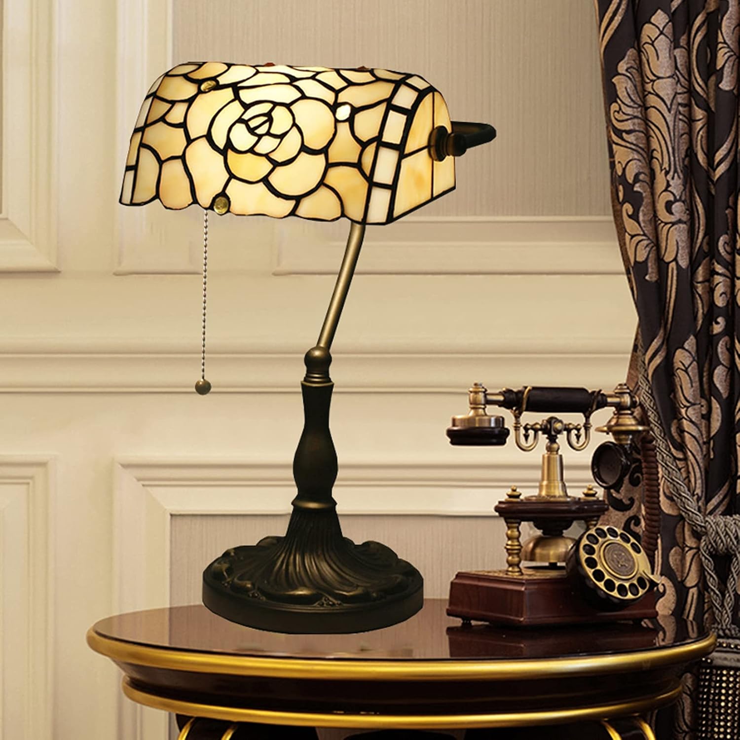 Rose Bankers Lamp Tiffany Vintage Table Lamp Stained Glass Beige Rose Lampshade Table Light Piano Desk Lamp Bedroom Bedside Lamp for Livingroom Office Study,Antique Alloy Base,Zipper Switch,Rose b