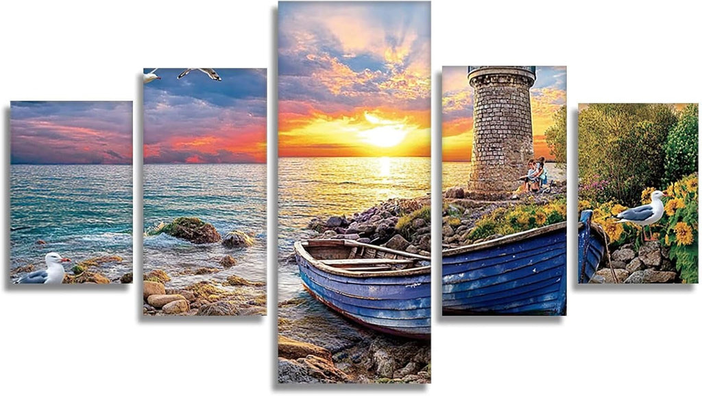 Lighthouse Diamond Art 5 Piece Diamond Painting Landscape 5D Full Round Drill Dimond Art Paintings Crystal Crafts for Adults Gem Painting for Home Decor, Large Artwork for Wall 48 x 100 Inch, Model69