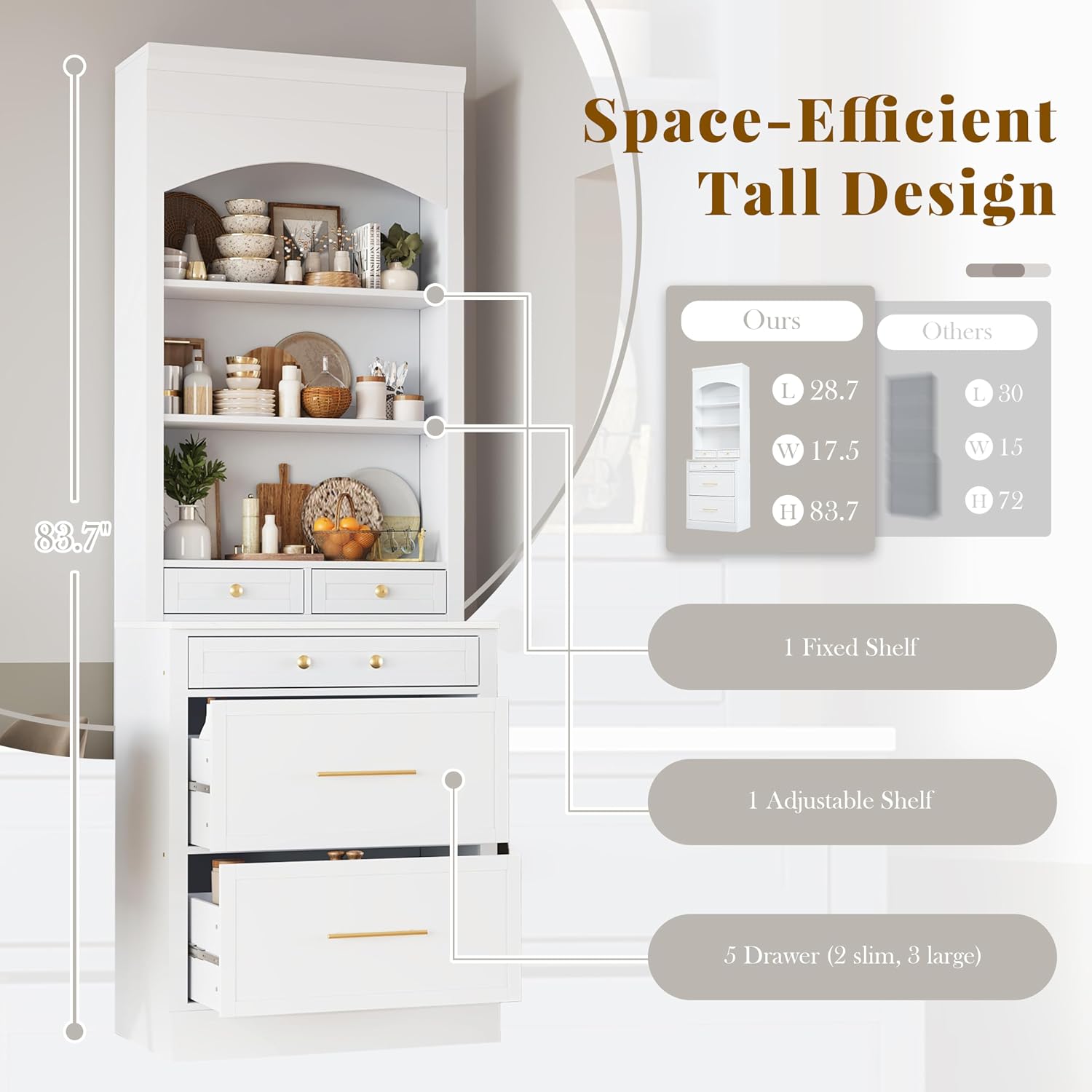 Modern 83.7inch High Kitchen Pantry, Freestanding Tall Kitchen Hutch with Faux Marble Top, Cupboard Cabinet with 5 Storage Drawers and Adjustable Shelf (White-4)
