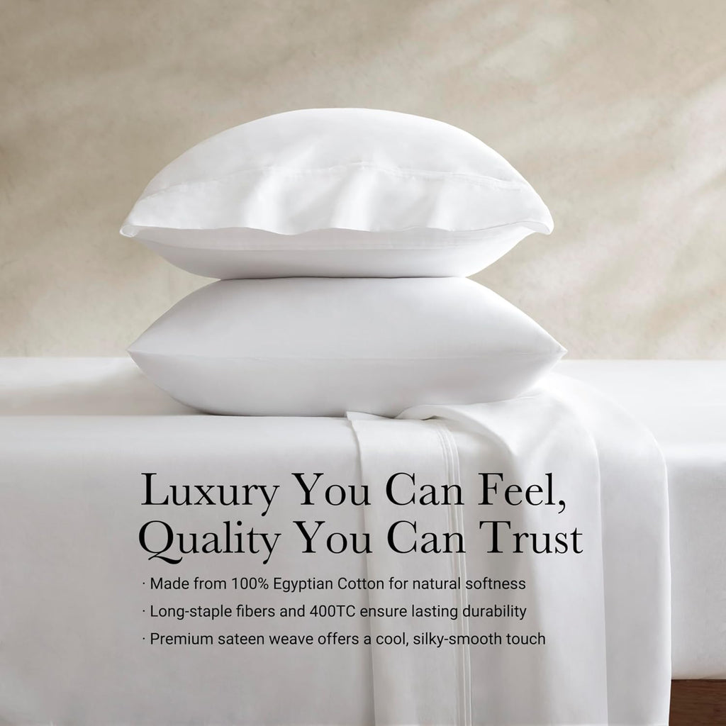 Harbor House Luxury 100% Egyptian Cotton Sheet Set, 400 Thread Count Sateen Weave, Soft & Breathable Bed Sheets with Deep Pocket, 4-Piece Queen Bedding Set, Bright White