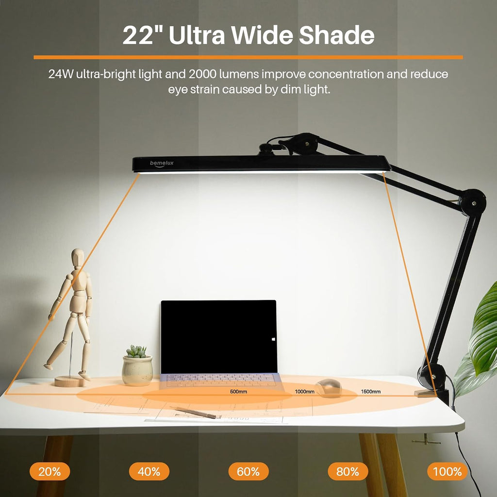 LED Architect Desk Lamp with Clamp, Metal Swing Arm 2000 Lumens Dimming Office Table Lamp for Task Work Drafting Reading Desktop, 117PCS Bright LEDs, 24W Workbench Lamp(Black)