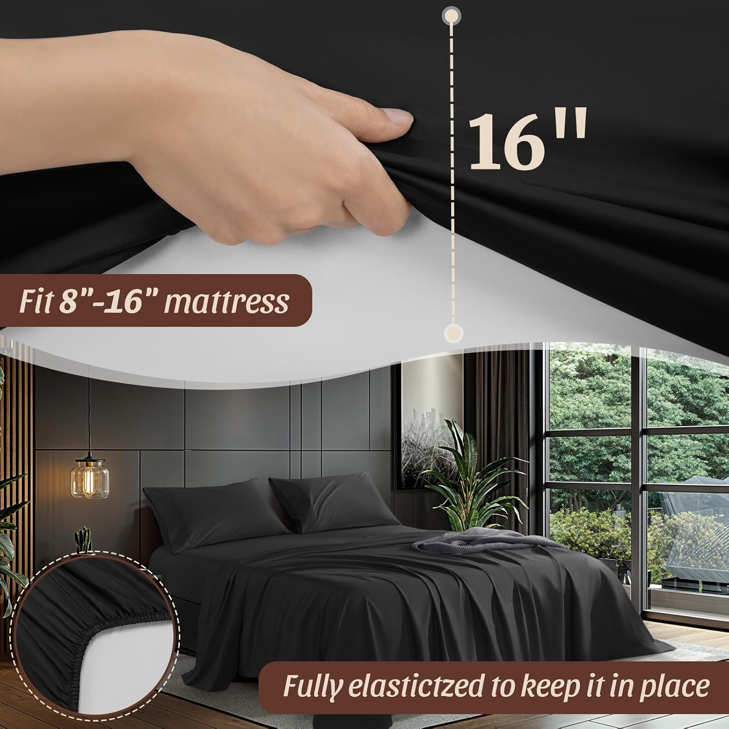 100% Egyptian Cotton Sheets King Size 4 Pcs Sheet Sets 1200 Thread Count 16' Deep Pocket Fitted Sheet Soft Breathable Bedding Set (King, Black)