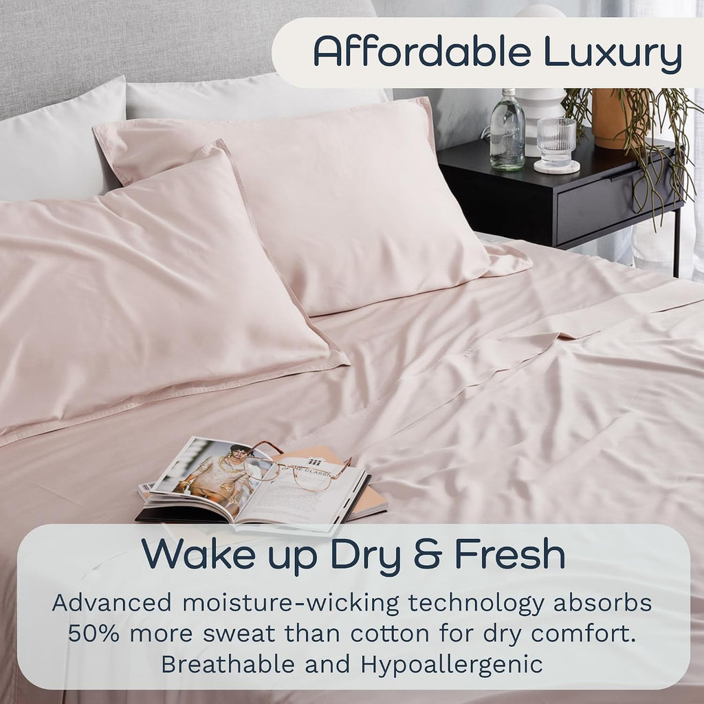 Olive + Crate Tencel Lyocell Eucalyptus Queen Size Sheet Set - Cooling Tencel Sheets for Hot Sleepers with 18 Inch Deep Pocket Fit - Barely Pink 4-Piece Set