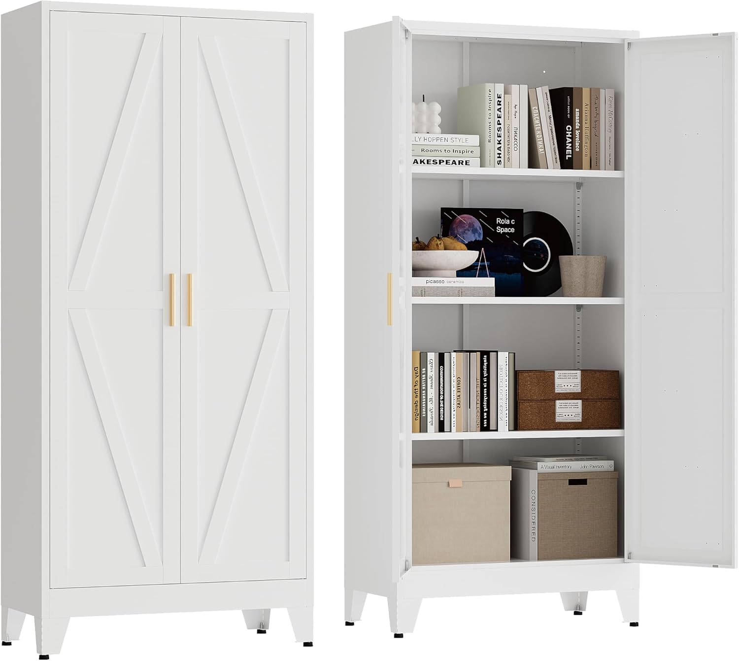 61' Tall Pantry Cabinet, White Metal Pantry Storage Cabinet, Kitchen Pantry Storage Cabinets with 2 Door and 3 Adjustable Shelves (White, 61' H)
