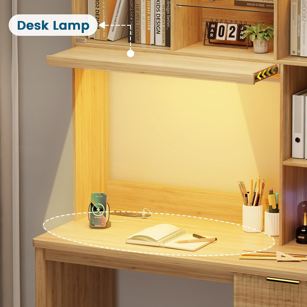 WOOVIVS Standing Desk with LED Light for Office Room, Smart Computer Desk with Hutch and Drawer for Game Room,Modern Study Table with 2AC Port Charging Station/Lamp/for Bedroom (Wood)