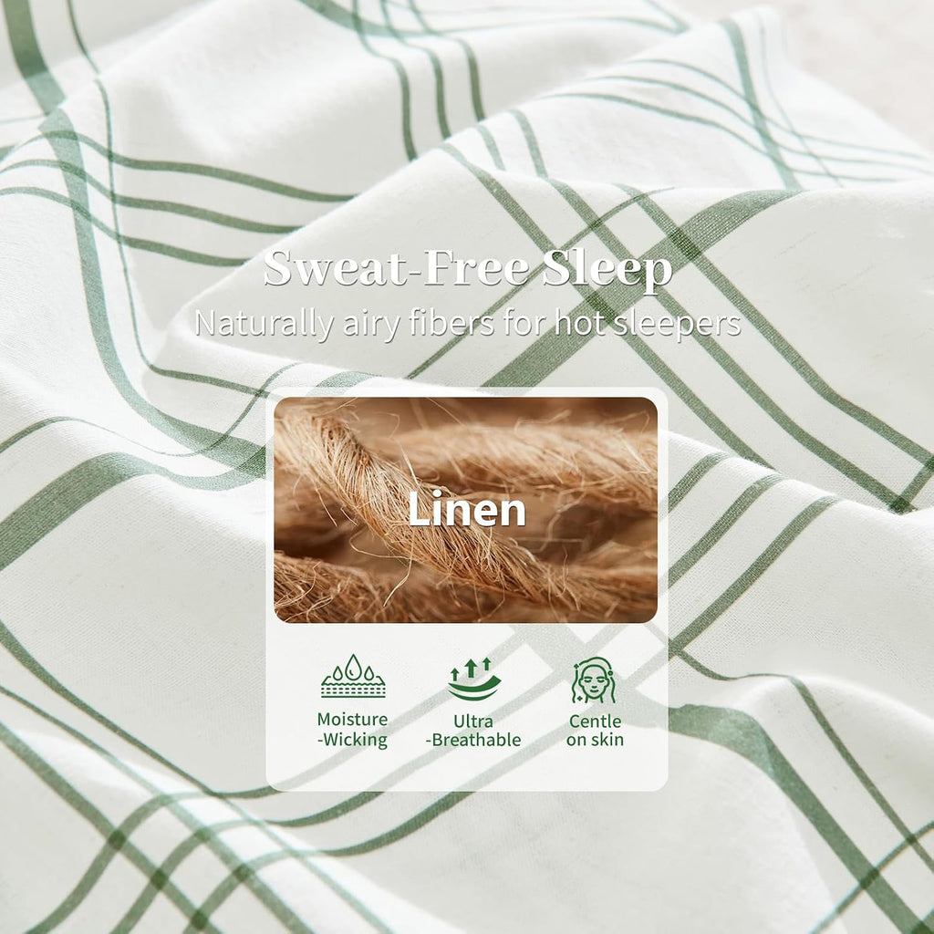 MEISHANG 100% French Pure Linen Sheets Queen Size - Bed Sheets 4 Piece Sets, Soft Durable Flax Linen, Anti-Tear Breathable Moisture Wicking with 16' Deep Pocket (Green Plaid)