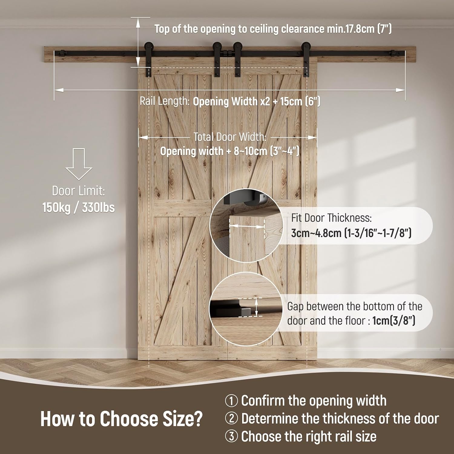 CCJH 4FT Sliding Barn Door Hardware Kit, Heavy Duty, Smoothly and Silently, Easy to Install, Fit 12' Width Double Door Panel, I Shaped Hangers Black
