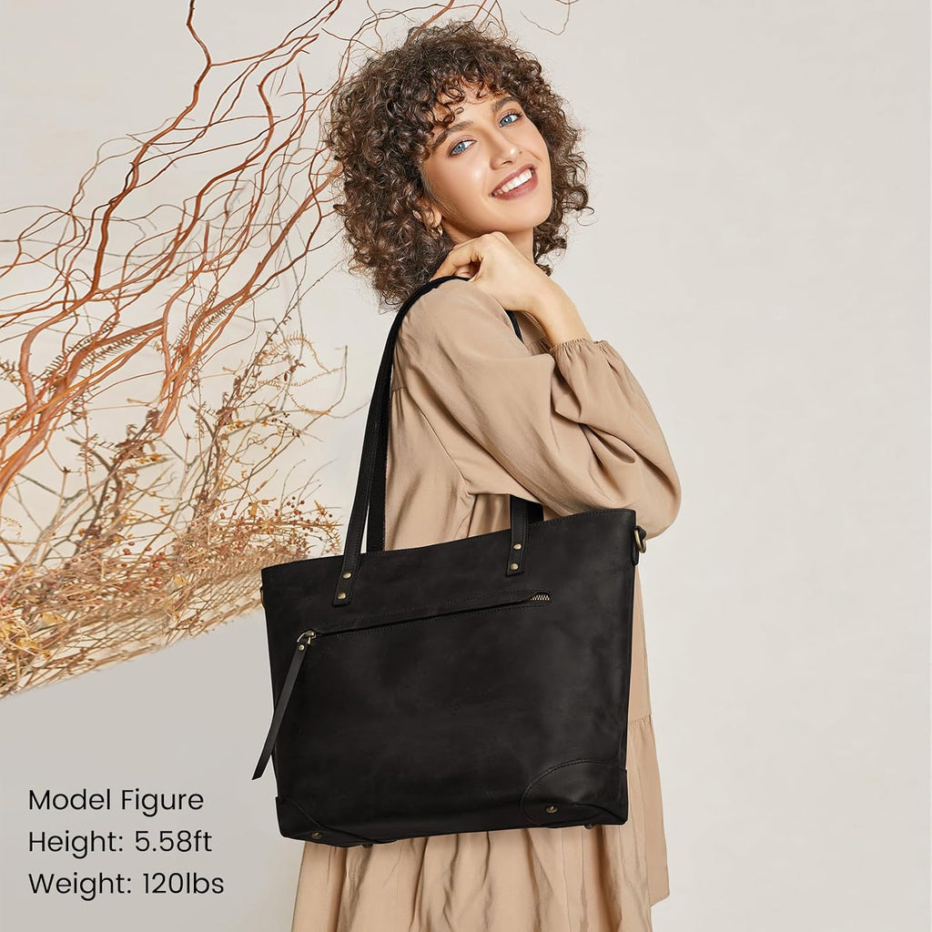 S-ZONE Vintage Genuine Leather Shoulder Bag Work Totes for Women Purse Handbag with Back Zipper Pocket Large