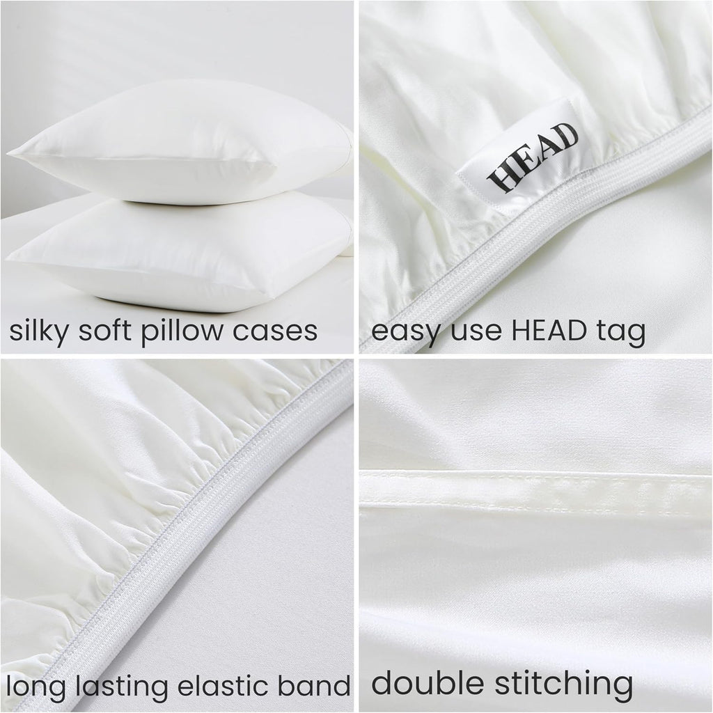 GOKOTTA Bed Sheets 6 Piece Set, 100% Rayon Derived from Bamboo, Extra Deep Pocket Fitted Sheet with Elastic Corner Straps, Soft Luxury Hypoallergenic (White, Queen)