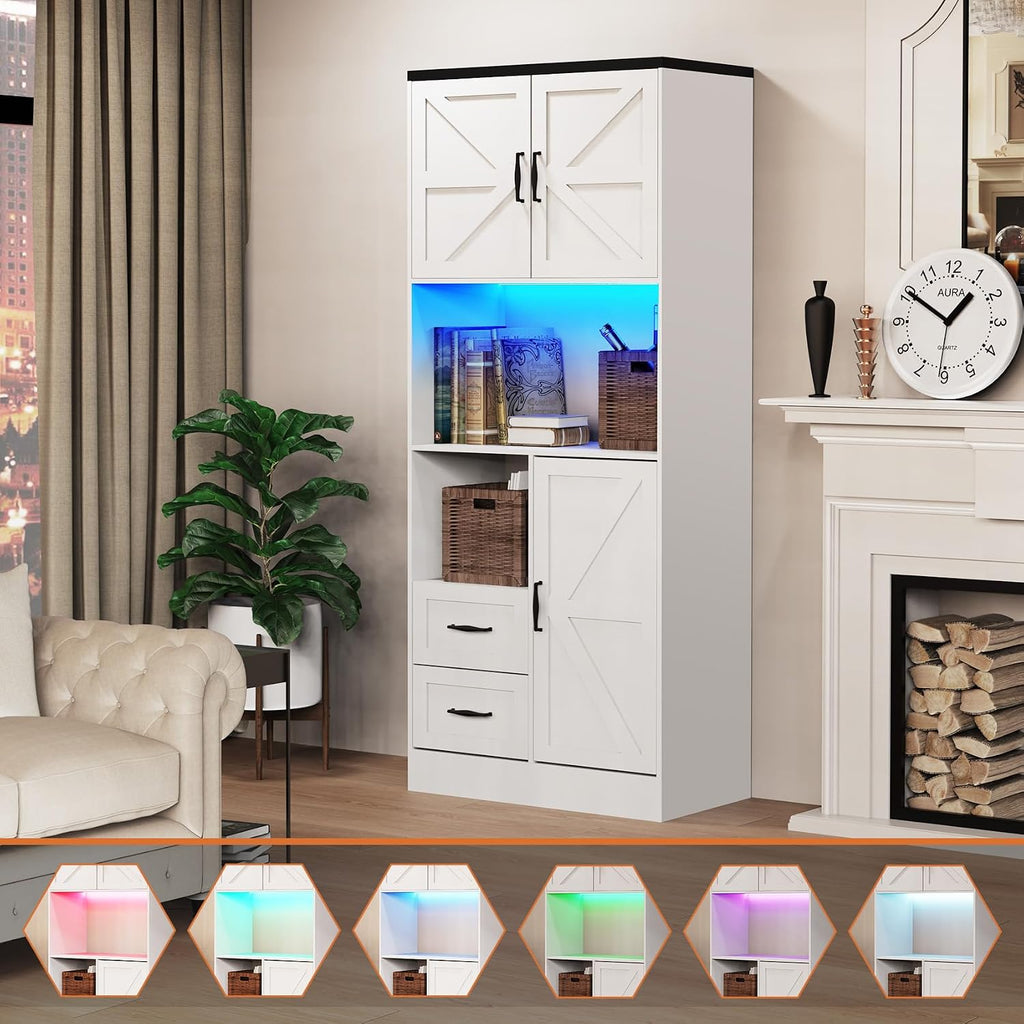 Bigbiglife Farmhouse Kitchen Pantry Cabinet with LED Lights and Power Strip, Tall Kitchen Storage Cabinet, Kitchen Hutch with Microwave Stand & Barn Doors and Drawers for Dining Room (White)