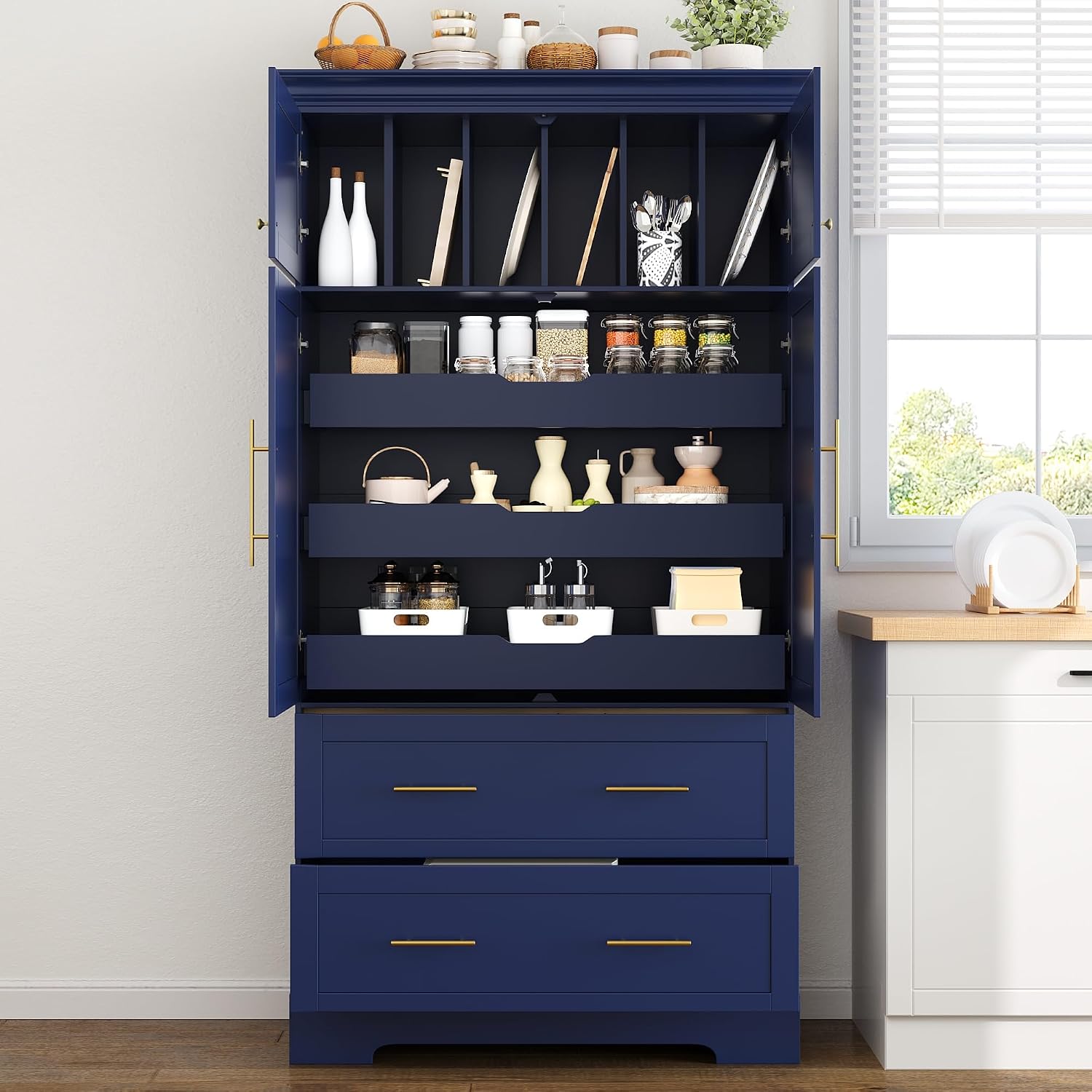 Freestanding Kitchen Pantry Storage Cabinet, 72.6''H Tall Wooden Kitchen Organizers with 2 Doors, Pull-Out Trays, 2 Drawers and Cake Pan Storage for Dining Room Living Room (Blue-1.12)