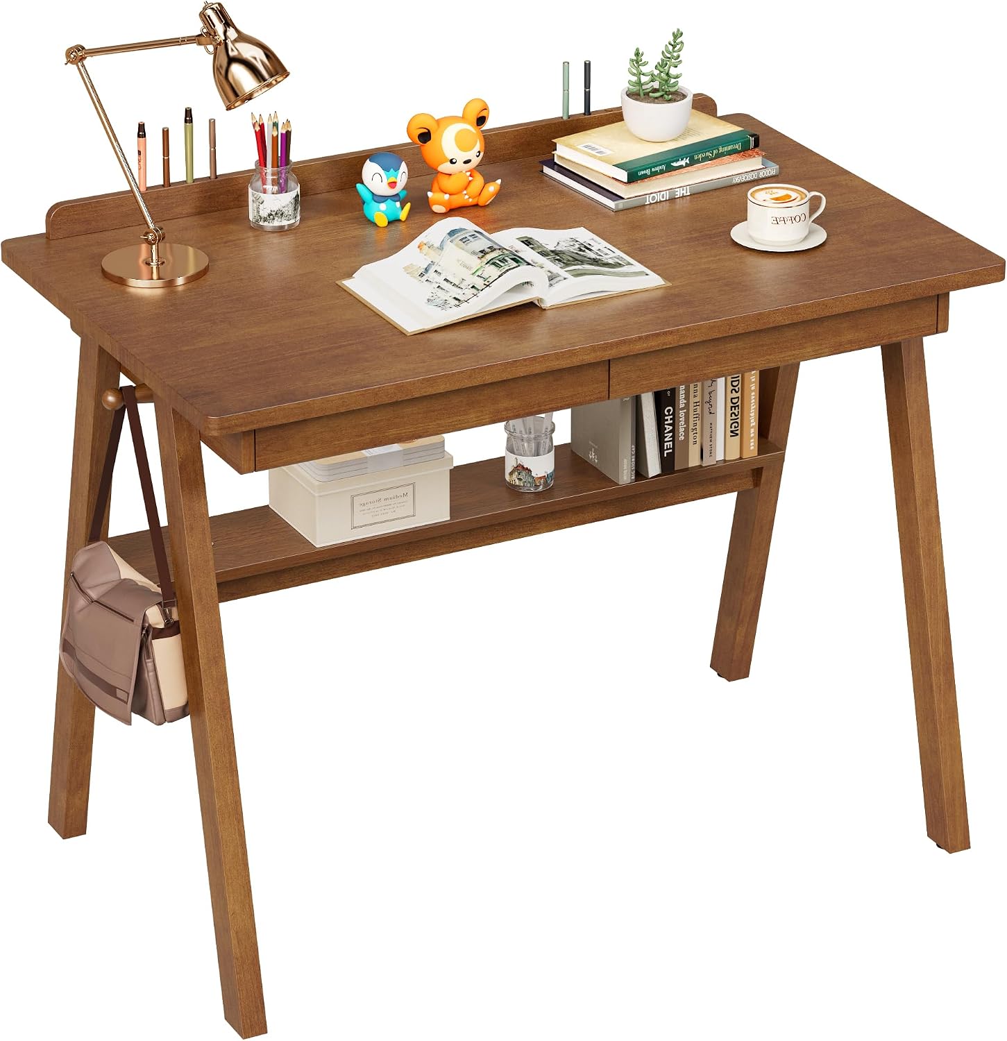 100% Solid Wood Desk with Drawers & Storage Shelf - 40 x 24 Inch Mid Century Modern Desks, Vintage Writing Desk with Deeper Desktop, Home Office Computer Desks for Bedroom & Home-Walnut Color