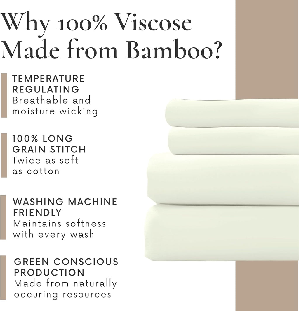 Bamboo Bay 4 Piece Queen Size Sheet Set, 100% Viscose Made from Bamboo, Breathable, Ultra Soft Cooling Bed Sheets for Hot Sleepers, Beddings with Deep Pockets Fit 16' Mattress, Ivory