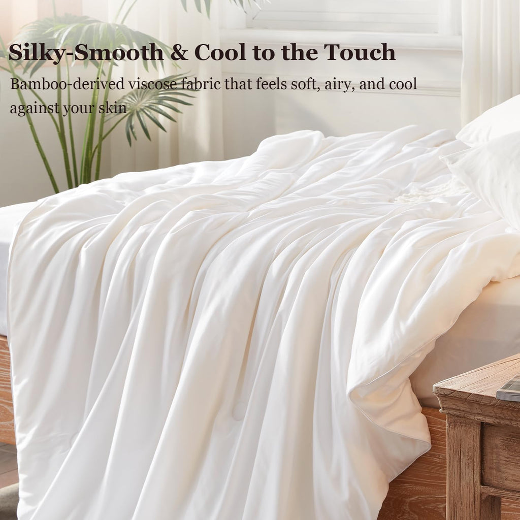 Globon Cooling Comforter Queen Size, Lightweight Summer Comforter for Hot Sleepers,Ultra Soft Bamboo Viscose Fabric, Breathable & Moisture,Soy Fiber Blend Fill, White
