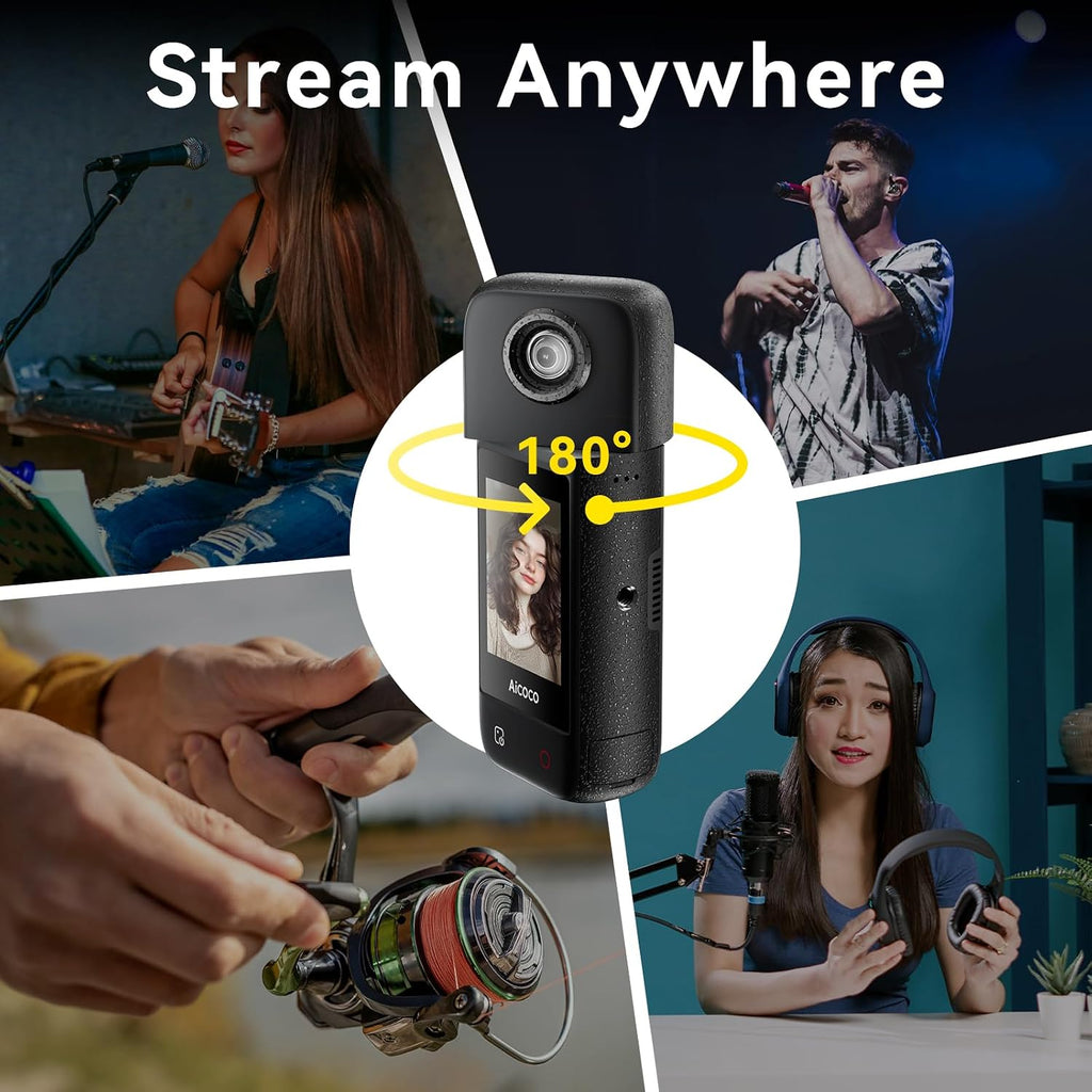 Outdoor Wireless 4K Live Streaming Camera, StreamCam for Live Streaming, HDR, 180° Rotating Lens, 240 Mins Battery, IPx4 Raining-Proof, Dual-Mic Stereo, 167℉ Heat-Resistant, 1/4'Thread Adapter
