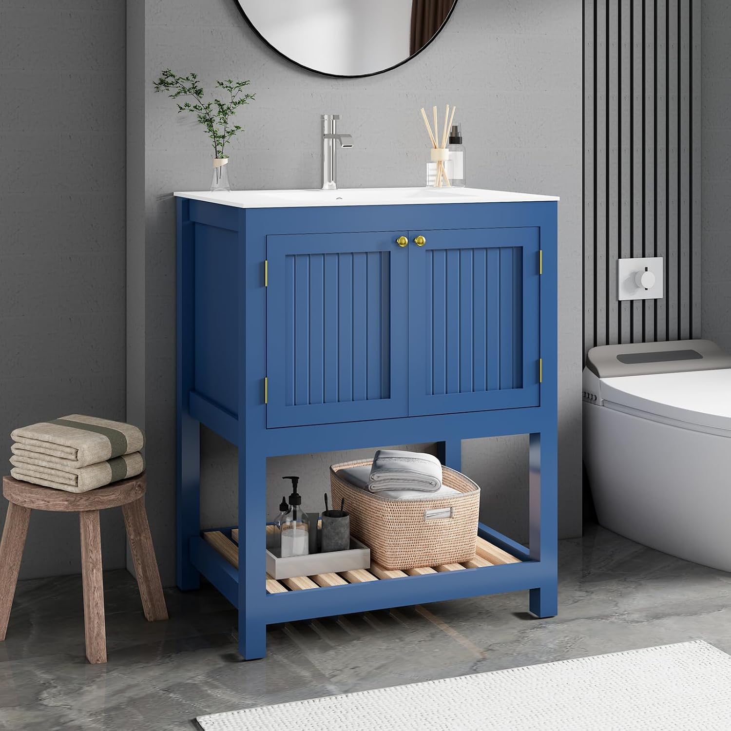 30 Inch Bathroom Vanity with Sink, Modern Bathroom Sink Cabinet with Open Shelf, Ceramic Basin, Freestanding Bathroom Vanities, Blue