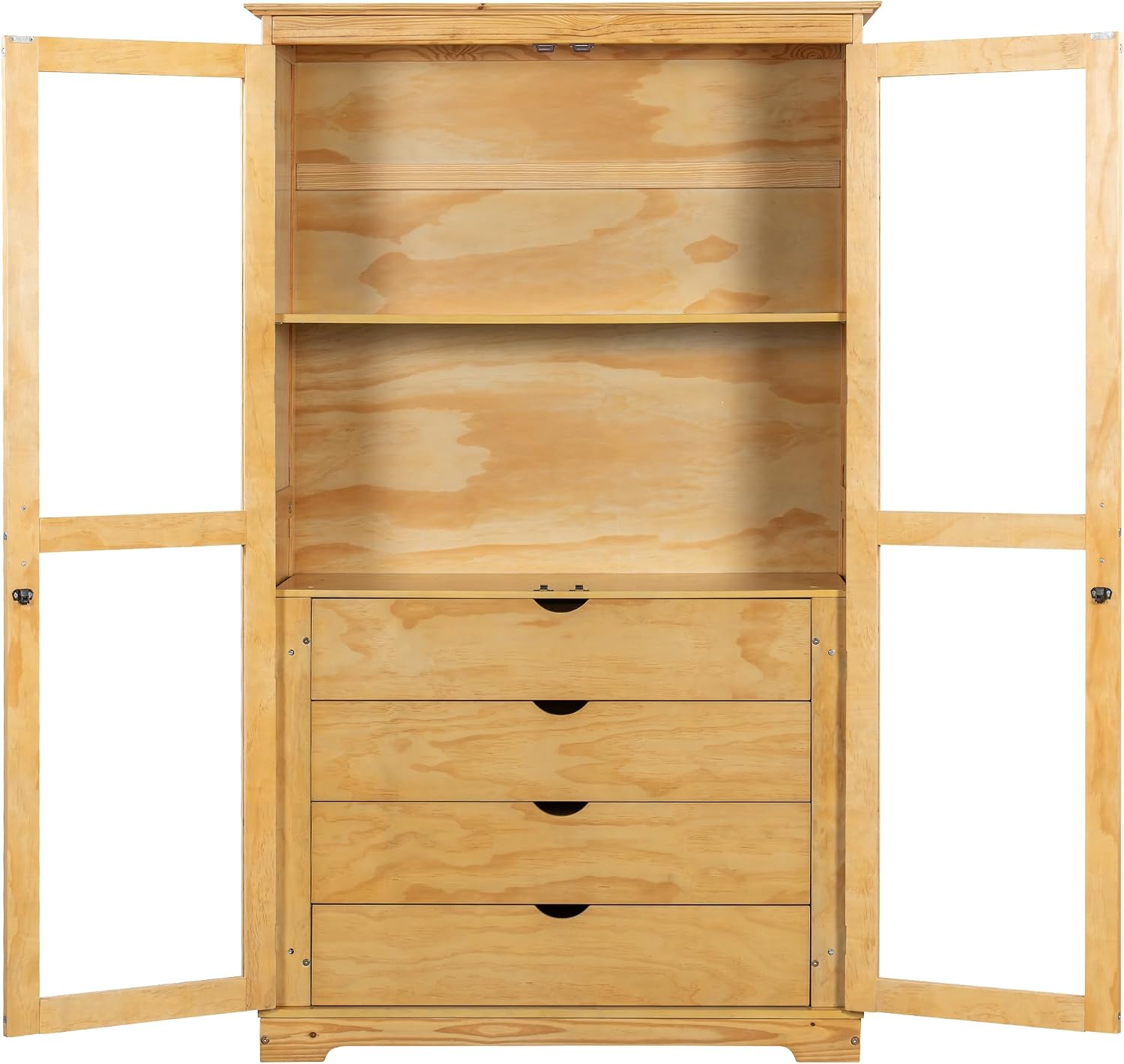 Modern 75inch Kitchen Pantry, Freestanding Kitchen Storage Cabinet Display Cabinet with Glass Doors and 4 Built-in Drawers for Living Room, Home Office (Natural-30r)