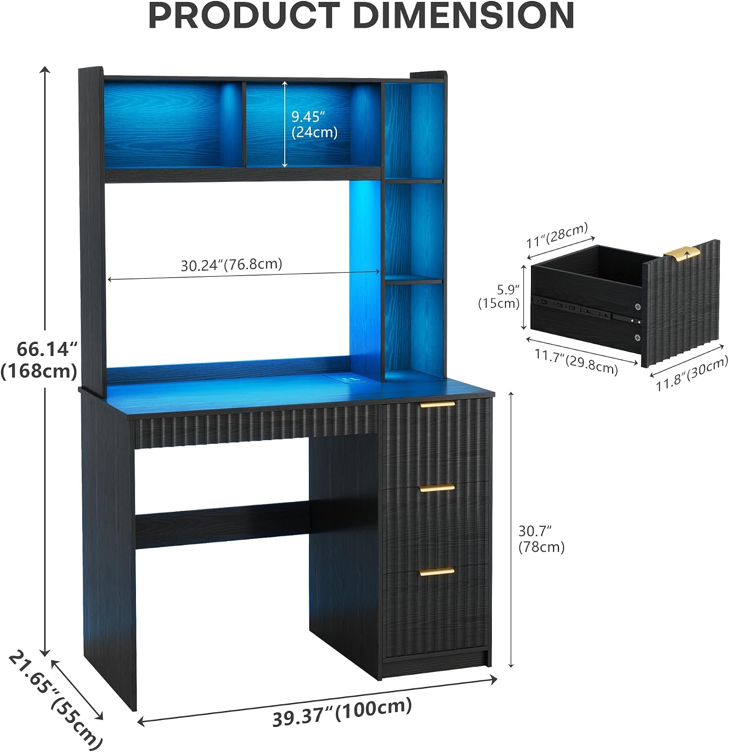 40' W Fluted Study Desk with Hutch and Storage Cabinet, Computer Desk with Power Outlet & LED Lights, Home Office Desk with Card-Based Lock for Study, Bedroom, Living Room, Retro Black