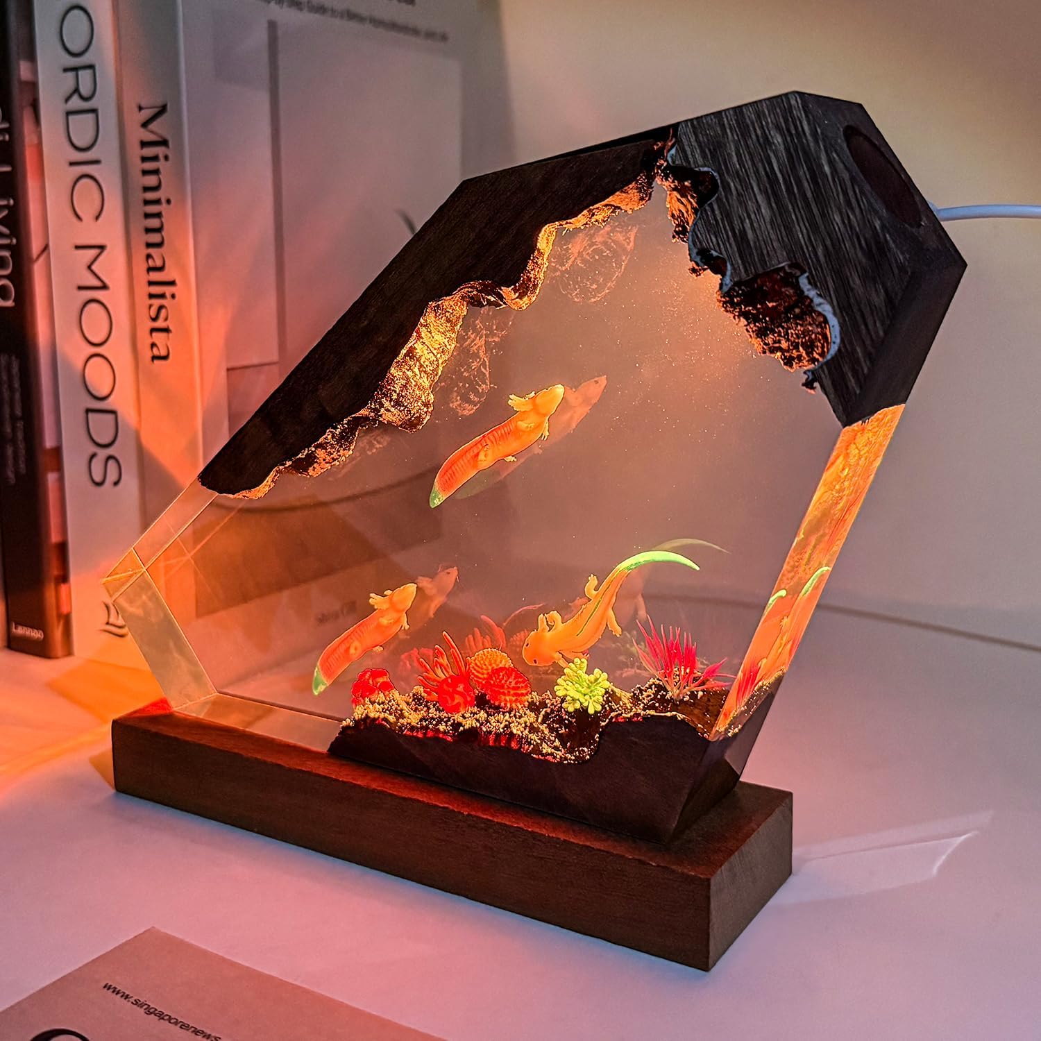 Axolotl Resin Lamp,Handcrafted 3D RGB Axolotl Night Light with Wooden Base for Home Office Decor,Unique Axolotl Gifts, Birthday Valentine's Day Gifts for Women & Men (M 8'X5')
