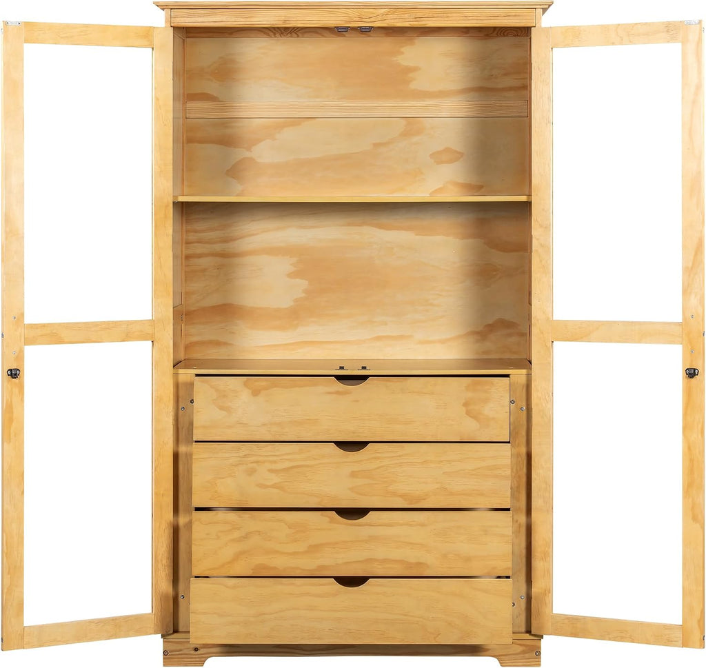 Modern 75inch Kitchen Pantry, Freestanding Kitchen Storage Cabinet Display Cabinet with Glass Doors and 4 Built-in Drawers for Living Room, Home Office (Natural-30r)